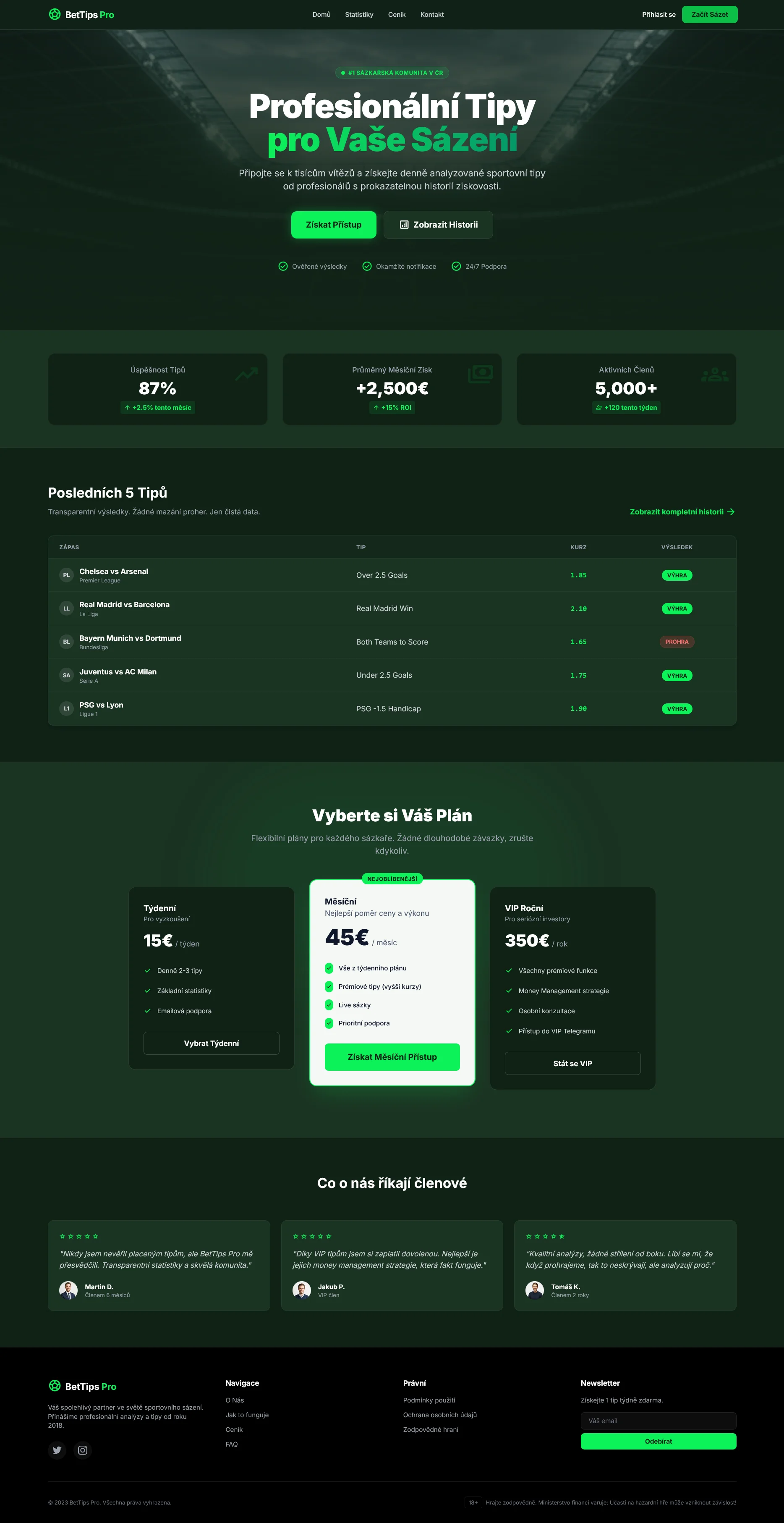 Ukázka desktop verze webu BET Tips Pro